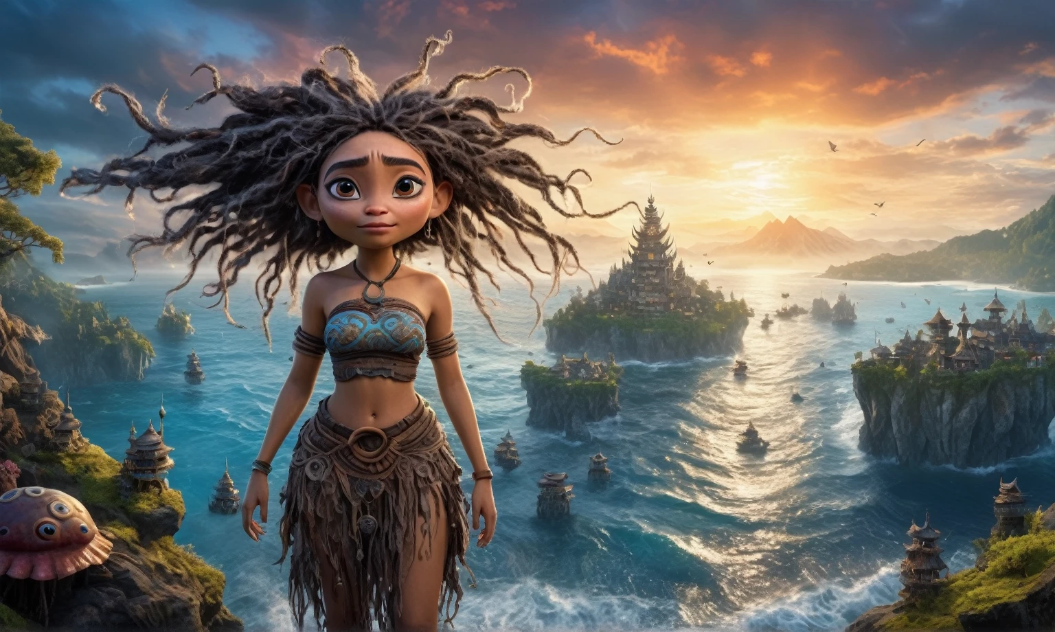 view from height,full-body-shot,obsidian The Alien Entity Moana, sassiness temper,natural jellyfish's skin textures, hyper realisitc, hyper detailed,Extremely detailed,High contrast, ,Realistic,Ultra Detailed,intricate details,realistic humid skin,extremely intricate,Epic Realistic, Romantic, cinematic style,irina yermolova, messy hair,extremely detailed, ,masterpiece,intricate details,faded,eyes extremely detailed, high detailed eyes,32k resolution, Nikon Z9,orc's village of fishers,National Forest Park,full body length,mother-of-marble,ominous landscape,floating islands on background in dangerous atmosphere,intricate details,realistic humid skin,extremely intricate details,anatomically correct,faded,eyes extremely detailed, high detailed eyes,UHD,Retina,HDR,natural skin textures, hyper realism, hyper detailed,High contrast,Realism,Ultra Detailed,irina yermolova,close full body shot, masterpiece,faded,32k resolution, Nikon Z9,sunset, a Tim Burton-inspired dreamscape,Bun Hair,(Folk clothes:1.5),Mestichino,Light particles,marble's leather