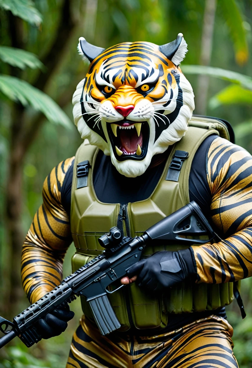 (a dark-skinned fat muscular old man in a bulky camouflage zipper diver suit) shooting with a rifle and (wearing realistic roaring siberian tiger mask), muscular, Basuki Abdullah, sumatraism, action, a character portrait, heroic, , snarling