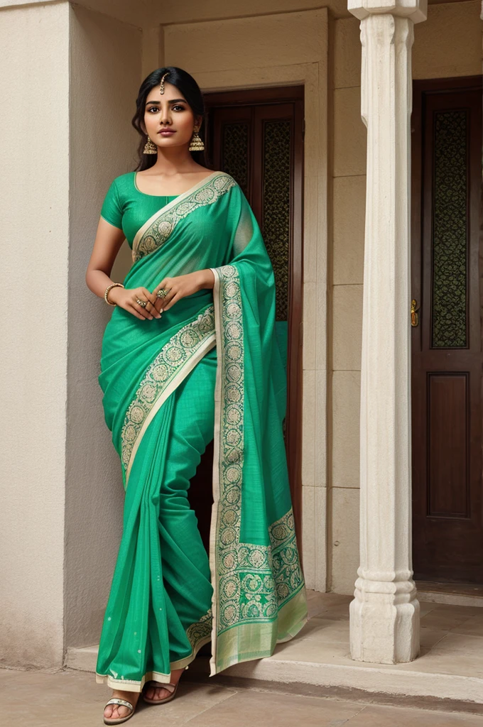 Indian women saree green colour ka and original quality face clean and full body white colour