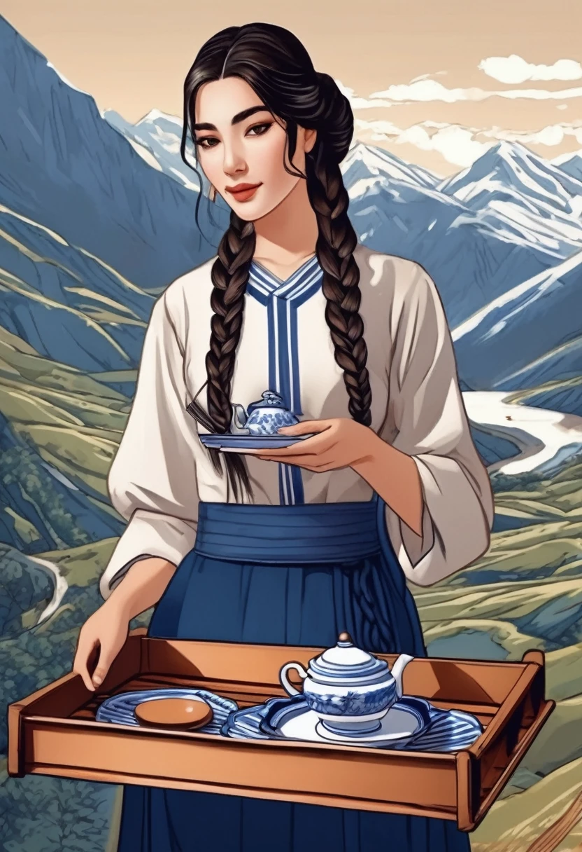A girl with dark hair braided in long braids, dressed in beautiful adras flesh, holds in her hands a tray with dark blue tea utensils with white wavy stripes. The drawing is of very high quality, with sharp contours, clear edges, regular facial features, beautiful hands, a very high-resolution masterpiece, against the backdrop of a mountain landscape.