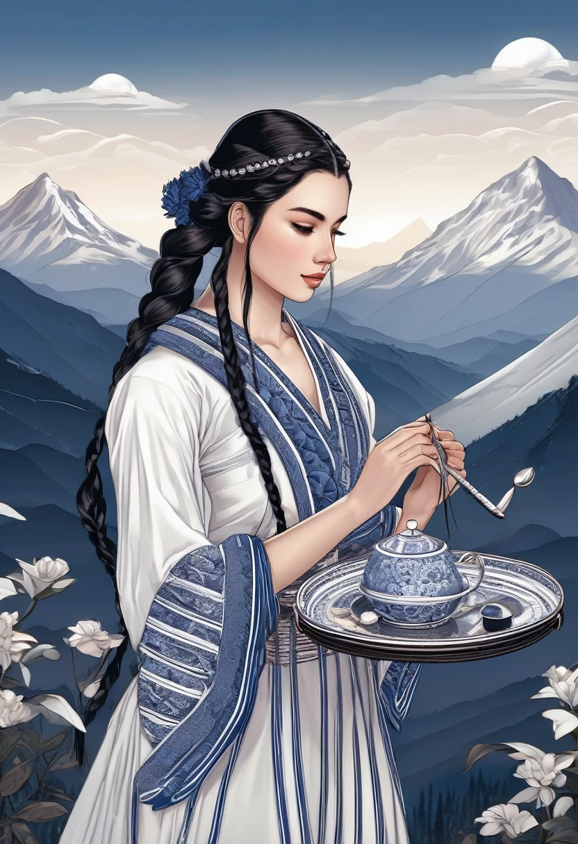 A girl with dark hair braided in long braids, dressed in beautiful adras flesh, holds in her hands a tray with dark blue tea utensils with white wavy stripes. The drawing is of very high quality, with sharp contours, clear edges, regular facial features, beautiful hands, a very high-resolution masterpiece, against the backdrop of a mountain landscape.
