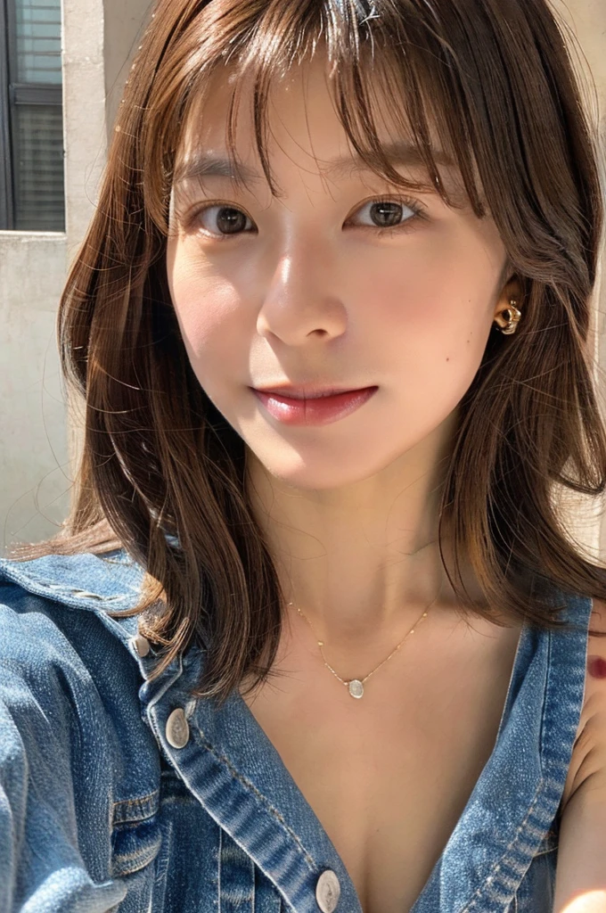 nsfw, (complete nakedness:1.4), huge pubic hair, (selfie shot:2), 1girl, {breast focus:1.4}, breasts, cleavage, (close-up:breast), collarbone, denim, jewelry,navel, solo,(from above),(small breasts:1.3), Top quality, 1 beautiful Japanese woman, teen,high school student,(18 years old),bob cut, (brown hair:1.2), Ultra-realistic capture, Highly detailed, High resolution 16k close-up of human skin. Skin texture must be natural, With such detail that pores can be finely identified. Skin should look healthy, In a uniform tone. Use natural light and color,