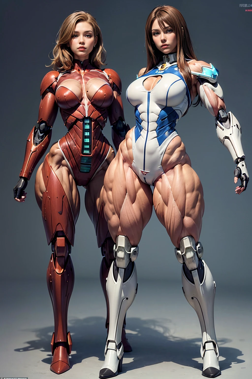 (Muscular:2), (thick thighs:1.5), (wide hips:1.5), (large muscular chest and shoulders:1.4), FEMALE, brown hair, long brown hair, (big smile:0), (cute slim mecha suit from the future:1.5), looking at viewer, (three quarter view:1.1), upper body view, (lab:1.5), dark lighting, detailed skin, detailed eyes, (dark skin:1.), (very thin waist:1.3), (huge round muscles:1.5),