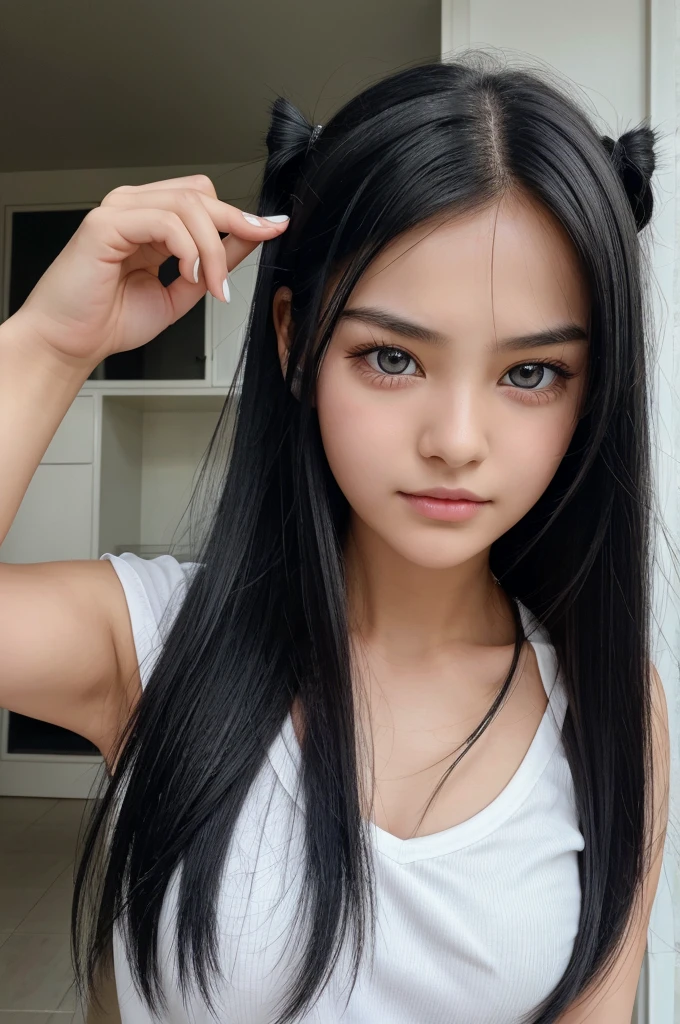 A girl with spiky long black hair land a prominent line running horizontally across hwe forehead. Having been blind in right eye since , she has a white eye with no visible irises or pupils, she's holding a telephone with no expressions on her face