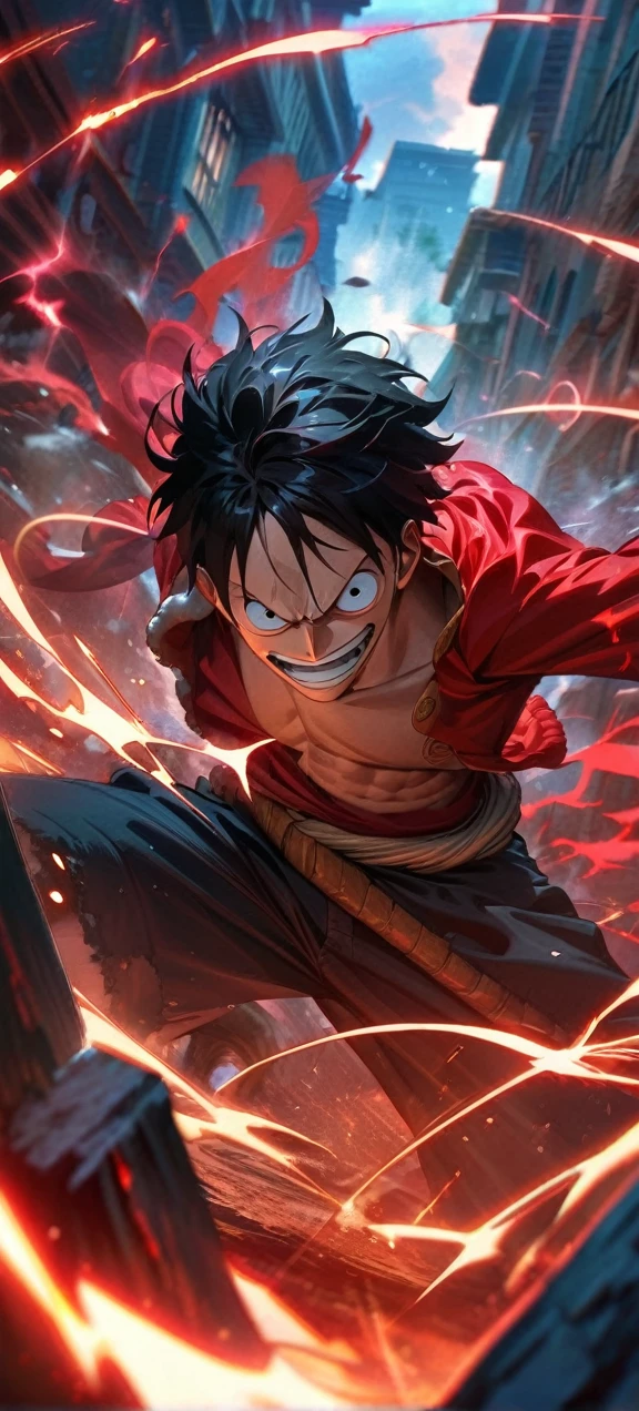 High quality, ,absurdres, highres, ultra detailed, HDR, masterpiece, extremely detailed face and eyes, Luffy , One Piece,, Black hair ,red shirt, solo, ,man, handsome, ,, Epic fight scene, red splashing effect,red lightning effect,glowing glitters , full effect, symetrical