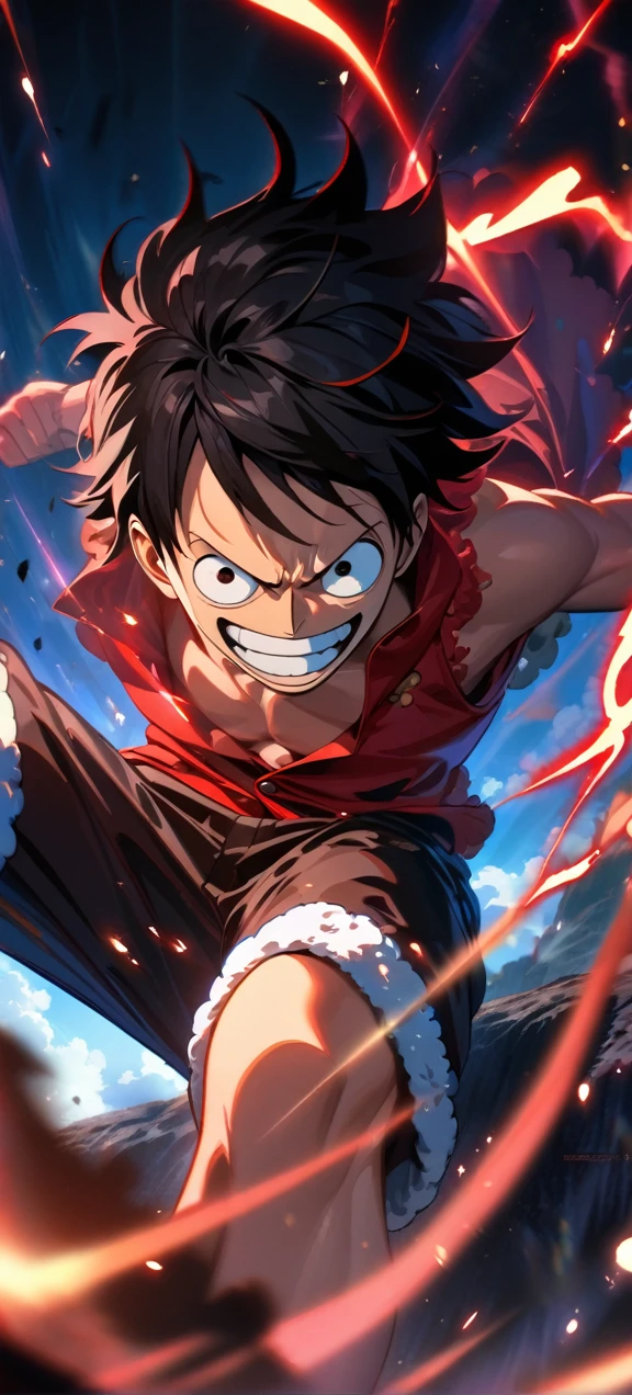 High quality, ,absurdres, highres, ultra detailed, HDR, masterpiece, extremely detailed face and eyes, Luffy , One Piece,, Black hair ,red shirt, solo, ,man, handsome, ,, Epic fight scene, red splashing effect,red lightning effect,glowing glitters , full effect, symetrical