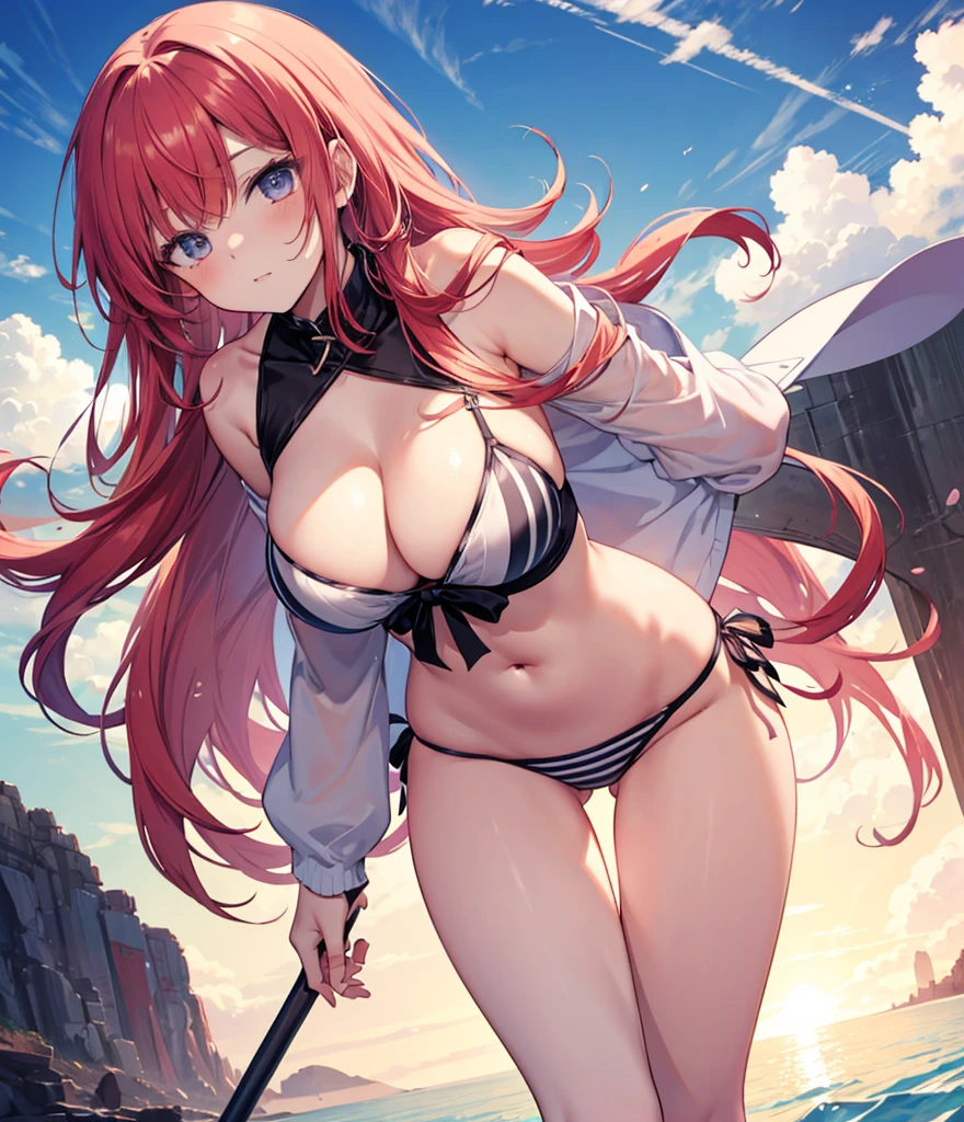 (masterpiece), (Top quality anime illustrations), (Super Definition), Emphasize cleavage, Underbust, Thigh Emphasis, White and peach striped bikini,Red Hair、1 person、vulgarly open one's thigh-shaped legs、Squatting and spreading your legs、Stick out your crotch、Put your hands on your crotch、Raise your arms、Show your armpits、The whole body becomes steamy、Sweaty、hot、Grinning smile、Drooling