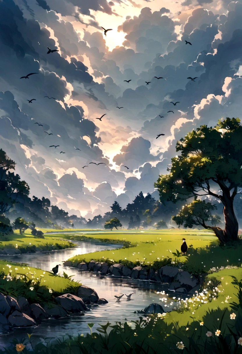 River bank,Gloomy weather,Enshrouded by clouds。Aimless flocks of birds flying around。