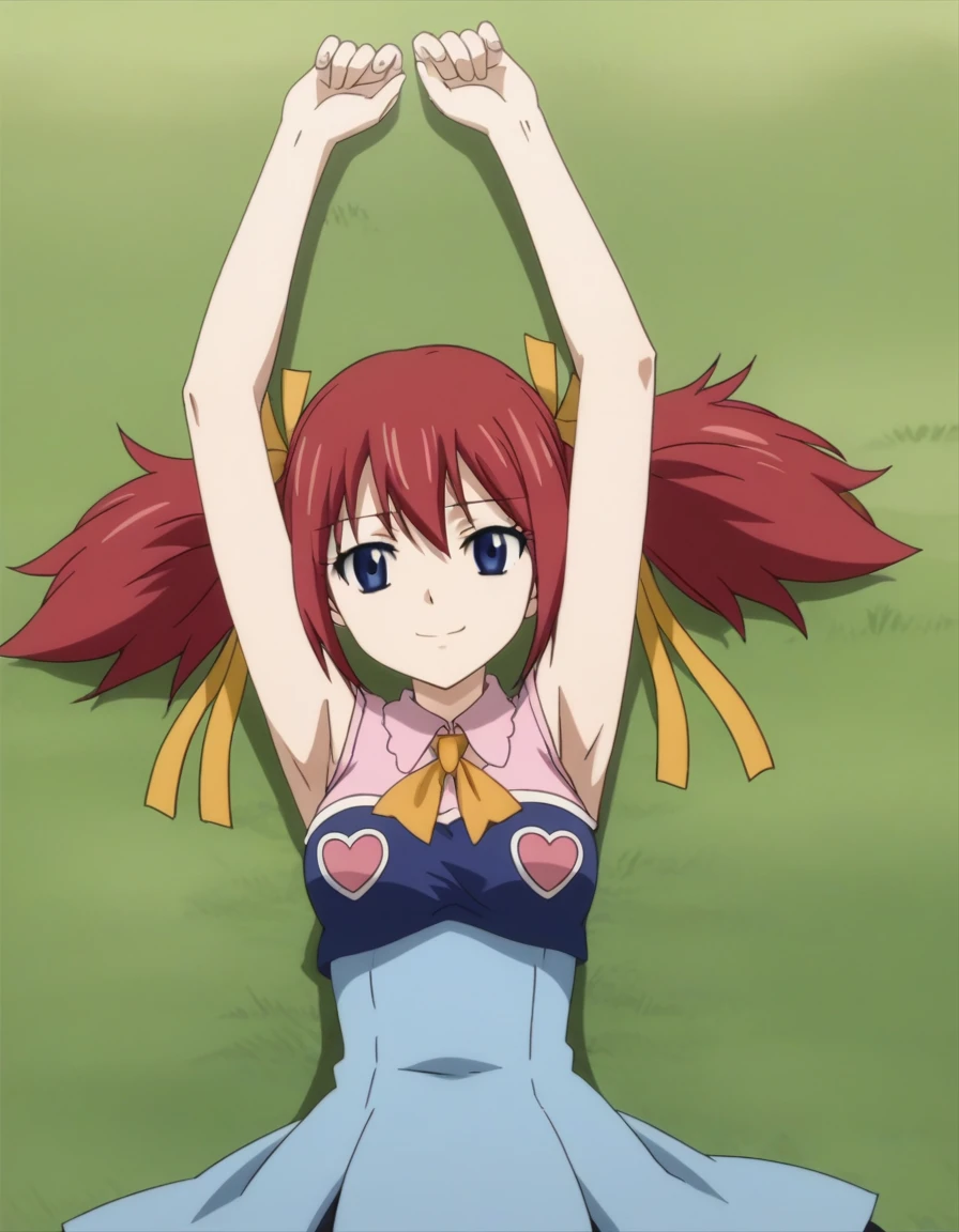 chelia_blendy, source_anime, rating_safe, intricate details, anime screencap, anime coloring, 1girl, solo, red hair, blue eyes, ribbon, hair ribbon, twintails, short twintails, looking at viewer, high quality, solo, lying, on back, arms up, spread arms, closed mouth, on grass, center, (cowboy shot:1.5), looking at viewer, suggestive smile, best quality, spread legs,