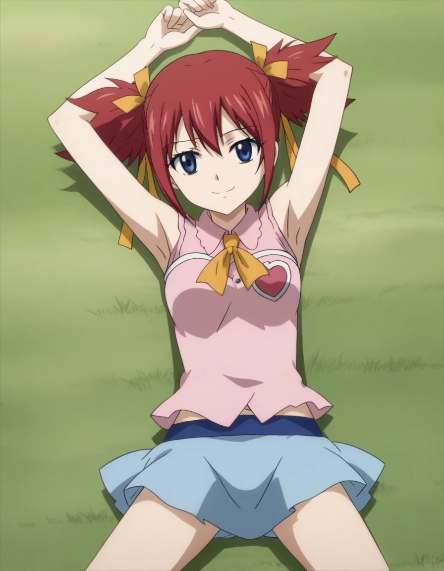 chelia_blendy, source_anime, rating_safe, intricate details, anime screencap, anime coloring, 1girl, solo,  red hair, blue eyes, ribbon, hair ribbon, twintails, short twintails, looking at viewer, high quality, solo, lying, on back, arms up, spread arms, closed mouth, on grass, center, (cowboy shot:1.5), looking at viewer, suggestive smile, best quality, spread legs,