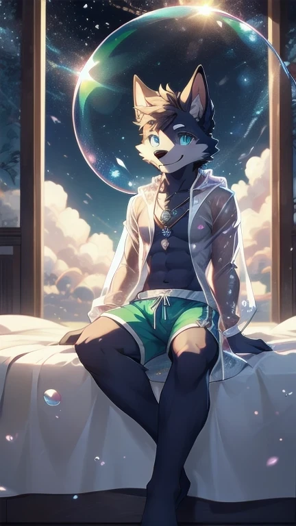 dogจิ้งจอกมานุษยวิทยา, in good condition, pink fur, alone, (exquisite details), white, smile, handsome, agree, Transparent raincoat, blue shorts, night time, sitting on the bed, Magic Bubble, Candy Clouds, decorated with stars, dog, man, giggle, (thin, Exquisite eyes), necklace, naked, full body shot
