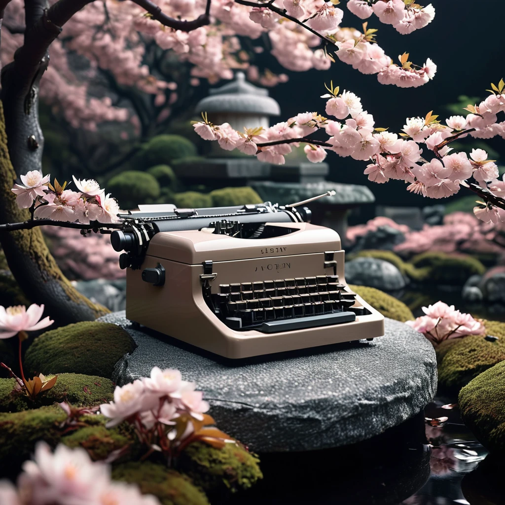 Redesign Typewriter in an art deco style, opulent and extravagant, geometric forms, curvilinear forms, bold colors, design and setting should depict An eye-catching infrared photograph depicting A tranquil scene of softly blowing cherry blossoms, their delicate petals drifting to the ground in a graceful ballet of ethereal excellence, bathed in the glow of a softly illuminated 19th-century Japanese garden. shot with black and white infra film, dark sky, light-toned vegetation, A forgotten well, its waters believed to be a gateway to the underworld., 8k uhd, ultra-sharp focus, award winning