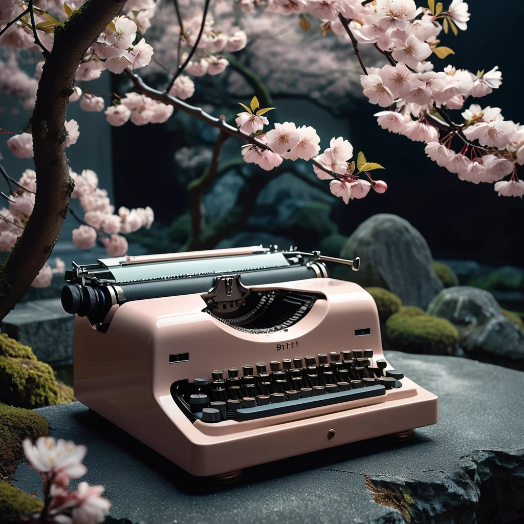 Redesign Typewriter in an art deco style, opulent and extravagant, geometric forms, curvilinear forms, bold colors, design and setting should depict An eye-catching infrared photograph depicting A tranquil scene of softly blowing cherry blossoms, their delicate petals drifting to the ground in a graceful ballet of ethereal excellence, bathed in the glow of a softly illuminated 19th-century Japanese garden. shot with black and white infra film, dark sky, light-toned vegetation, A forgotten well, its waters believed to be a gateway to the underworld., 8k uhd, ultra-sharp focus, award winning