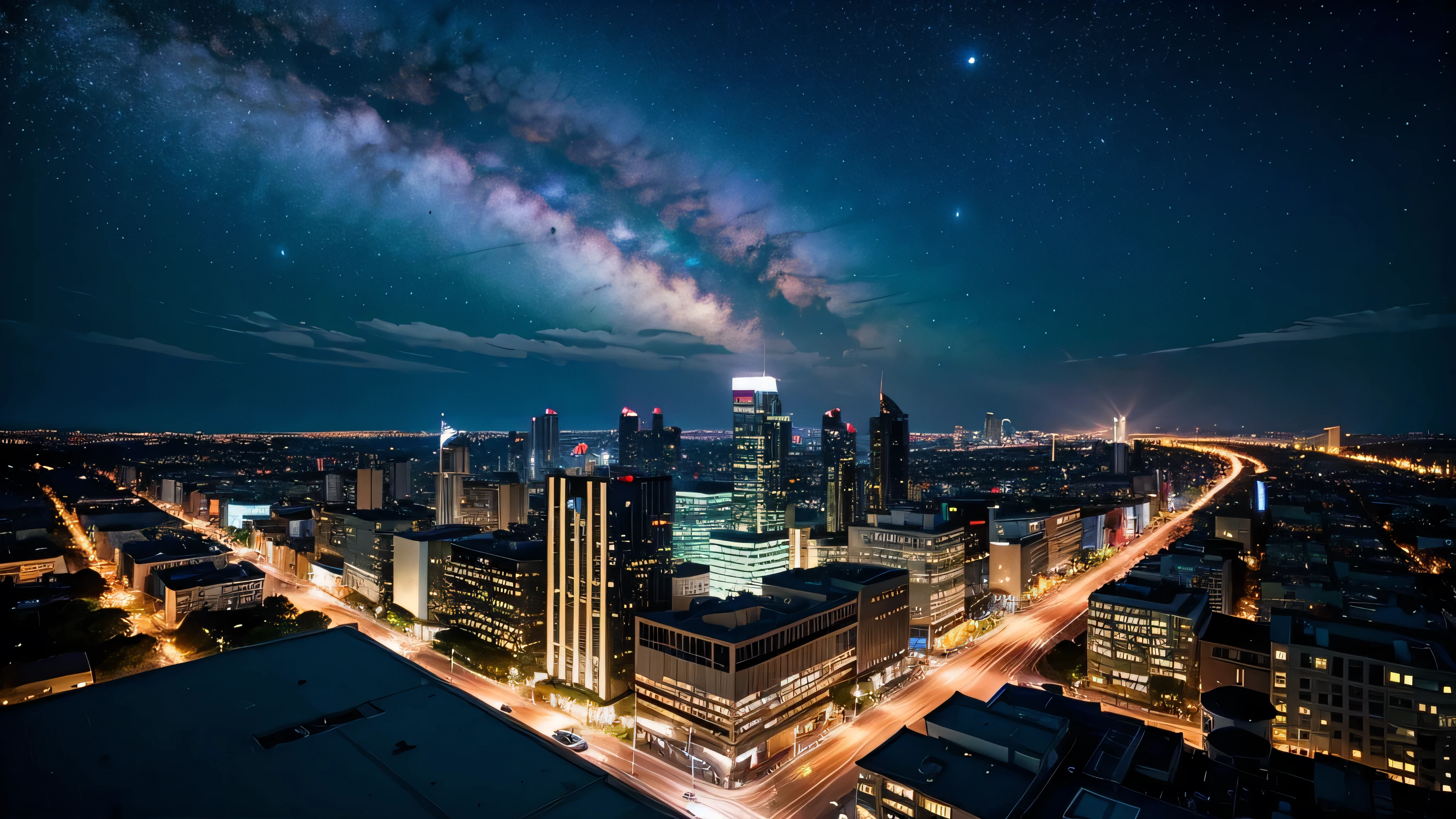 Wonderful landscape、Highest quality、Cityscape、Including sky、Starry Sky、night、Big Moon、Moonlit cityscape、building、There are no people, Makoto Shinkai's art style, 8