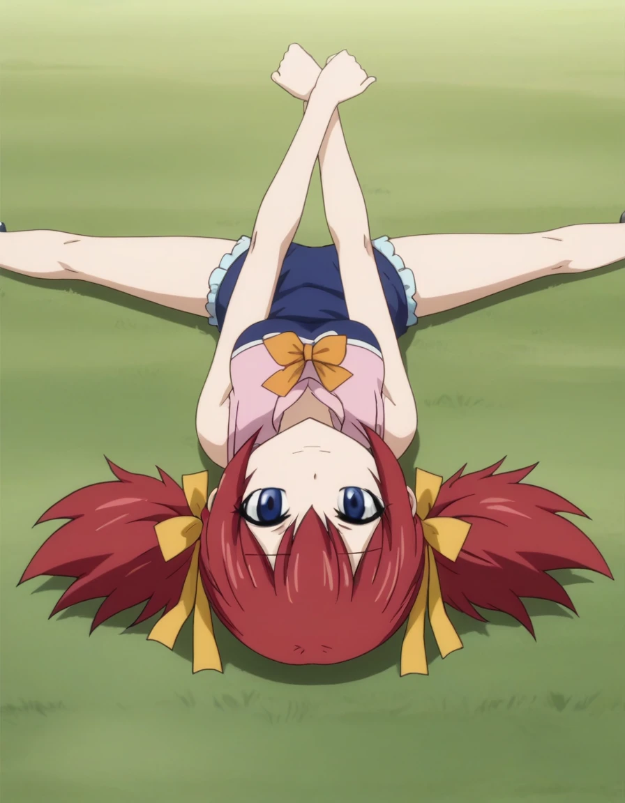 chelia_blendy, source_anime, rating_safe, intricate details, anime screencap, anime coloring, 1girl, solo, red hair, blue eyes, ribbon, hair ribbon, twintails, short twintails, looking at viewer, high quality, solo, lying, on back, arms up, spread arms, closed mouth, on grass, center, full body, looking at viewer, suggestive smile, best quality, spread legs,
