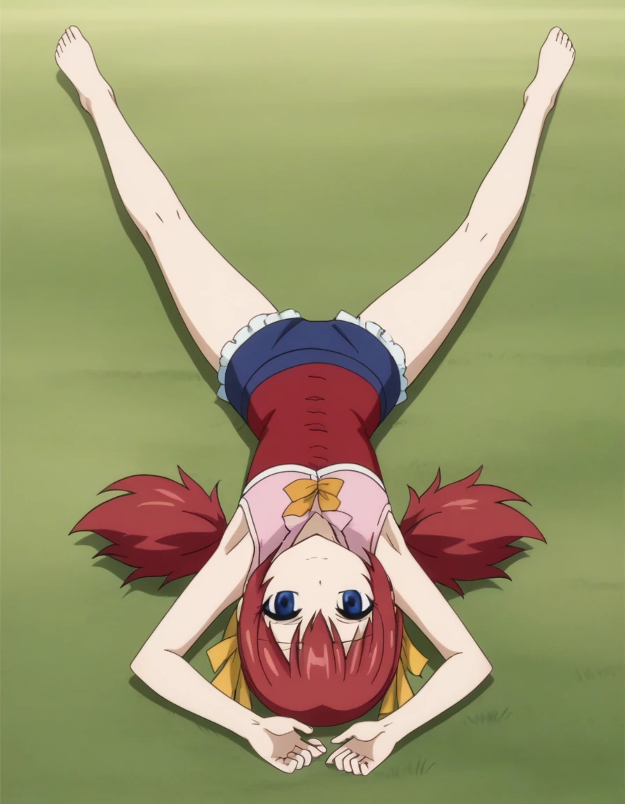 chelia_blendy, source_anime, rating_safe, intricate details, anime screencap, anime coloring, 1girl, solo,  red hair, blue eyes, ribbon, hair ribbon, twintails, short twintails, looking at viewer, high quality, solo, lying, on back, arms up, spread arms, closed mouth, on grass, center, full body, looking at viewer, suggestive smile, best quality, spread legs,