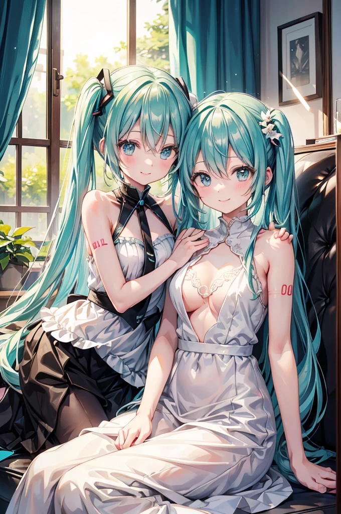 hatsune miku、Megurine Luka、Two Girls、smile、Look at this、Wearing a light white dress、They are hugging each other、Sitting