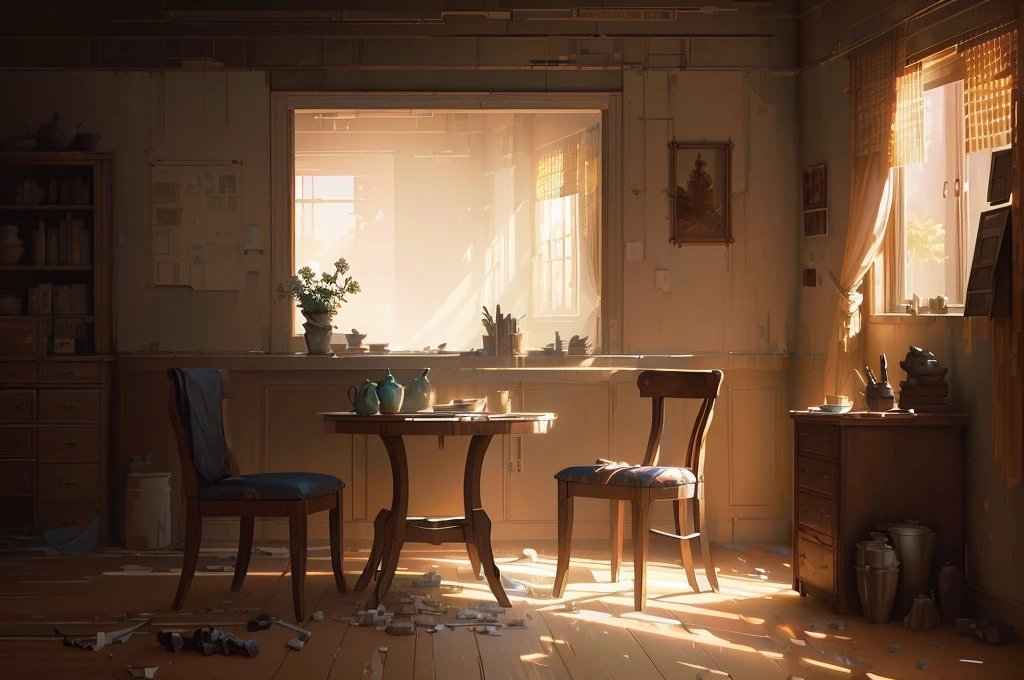 There is a room,There is a table and a chair inside, Relaxation concept art, Created by senior environment artists, Interior Background Art, Realistic concept art, Global Illumination. Visual effects, Global Illumination!! complex, Akihiko Yoshida. Unreal Engine, Realistic concept art, 高度Realistic concept art, Realistic afternoon lighting, Personal room background, Zootopia concept art