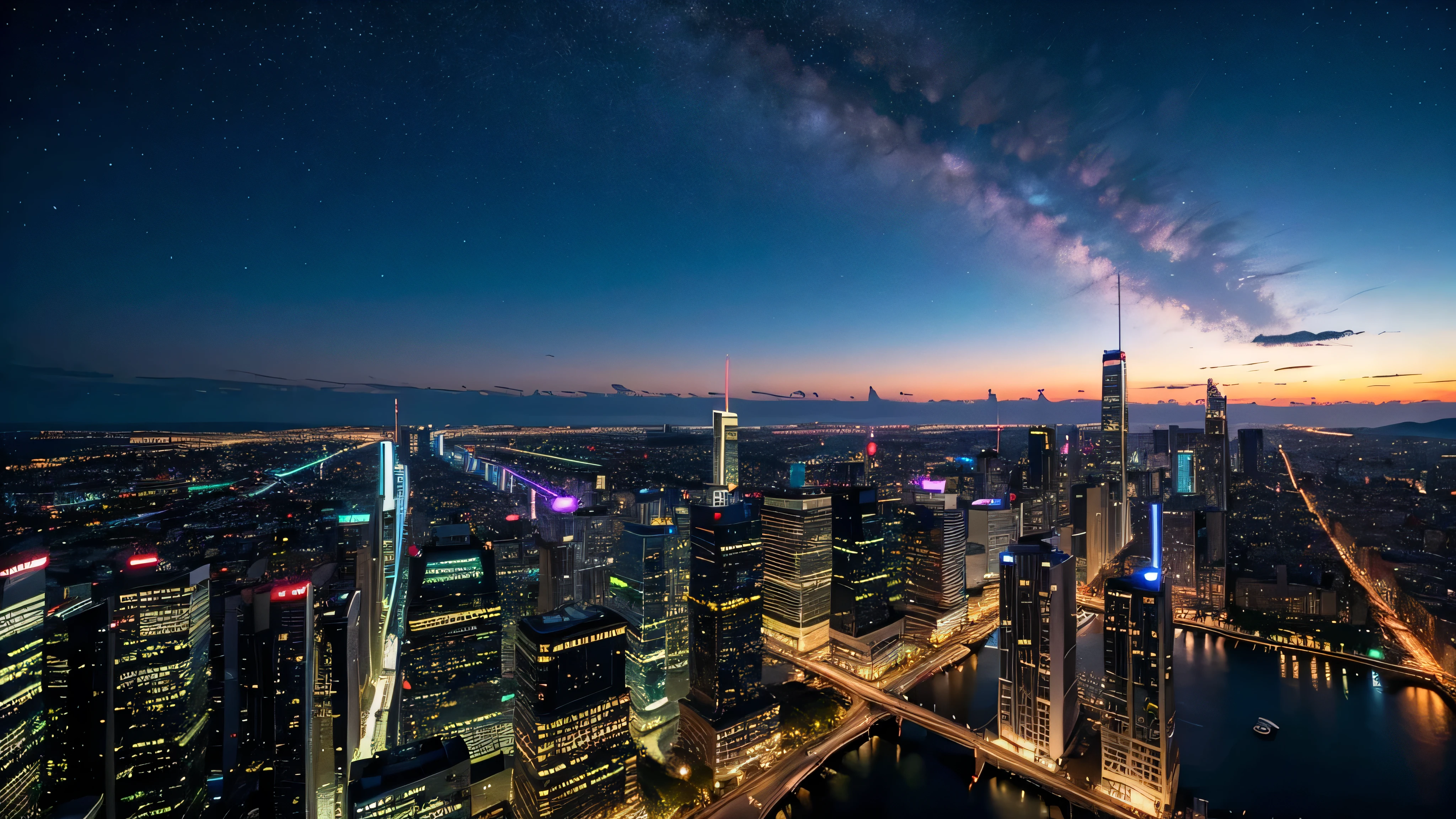 Wonderful landscape、Highest quality、Cityscape、Including sky、Starry Sky、night、Big Moon、Moonlit cityscape、building、There are no people, Makoto Shinkai's Worldview, 8K quality, Neon glows, Breathtakingly beautiful scenery,