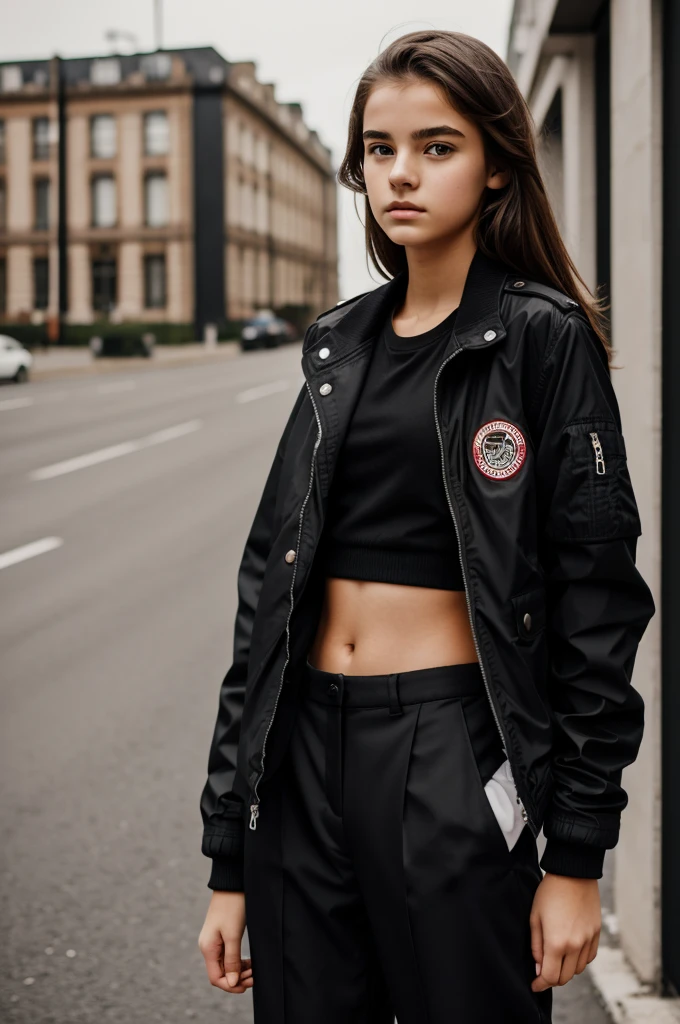Photography of a 16 year old girl, perfect face, Masterpiece, good, underwear, black_good, jacket, black_trousers