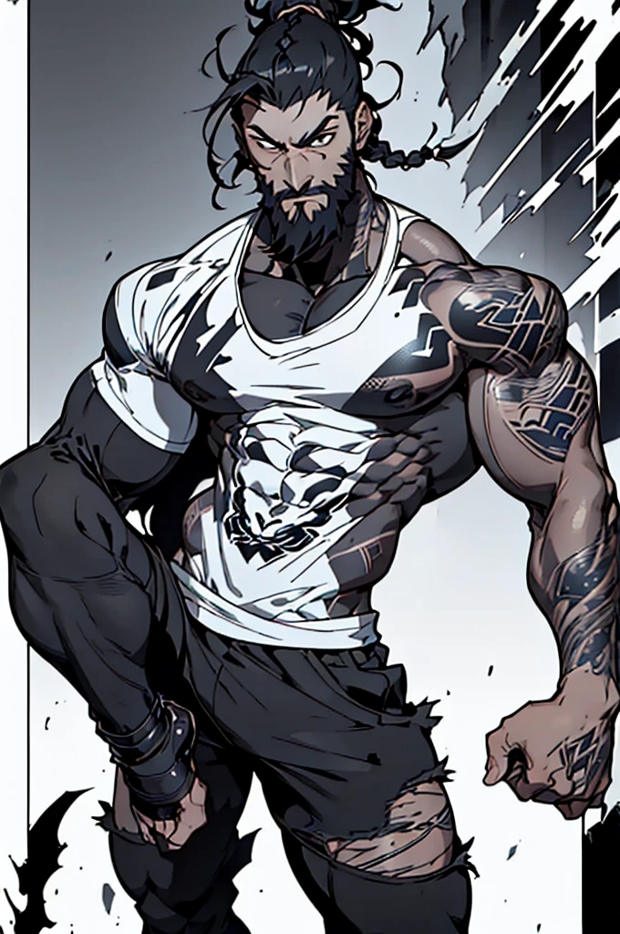 A visually descriptive prompt featuring a thin man with a meticulously trimmed beard and a long, braided hair in a ninja-style cut. His body is adorned with tattoos on his shoulders, chest, and right leg, while he rocks an urban-style outfit with a white t-shirt and a black one layered on top.