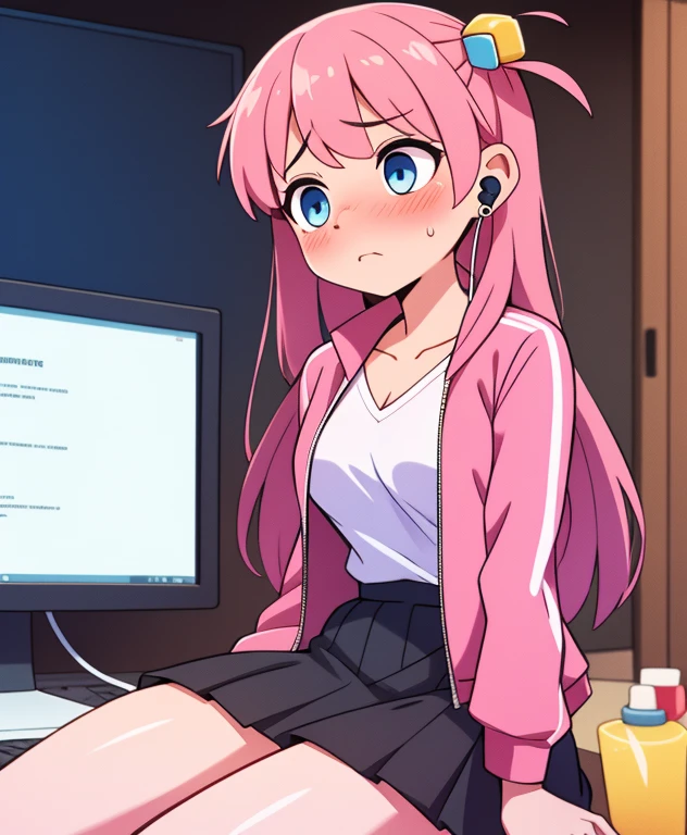 gotou_history, 1 girl, Alone, wide, pink hair, Blue eyes, one side up, cube hair ornament, pink jacket, ((hair ornament)), long sleeves, track Jacket, pink Chaquet, (cowboy shot), ((medium breasts)), office room, clavicle, blush, provided, sad, scared, shadowed face, zip-zap Jacket, black skirt, pleated skirt, school skirt, White shirt, (Earphones),sitting, (in front of a computer), (usando Earphones casco en la cabeza) 