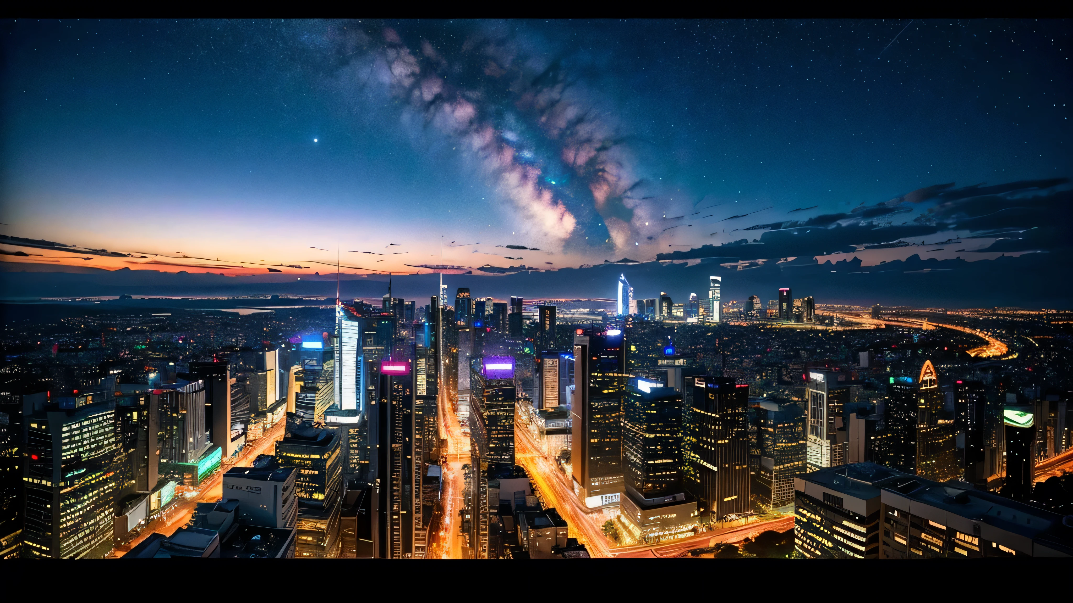 Wonderful landscape、Highest quality、Cityscape、Including sky、Starry Sky、night、Big Moon、Moonlit cityscape、building、There are no people, Makoto Shinkai's Worldview, 8K quality, Neon glows, Breathtakingly beautiful scenery,