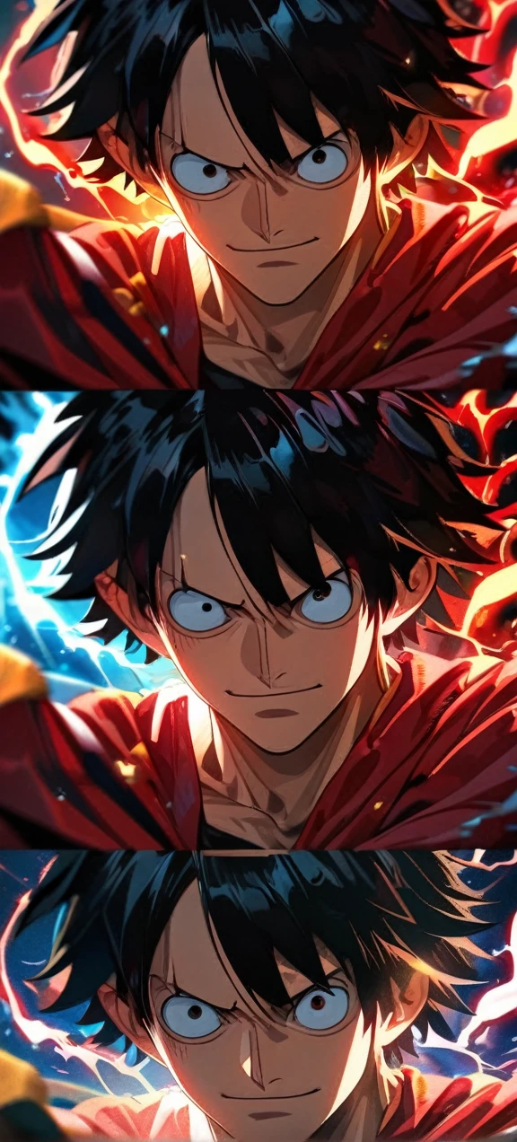  High quality, ,absurdres, highres, ultra detailed, HDR, masterpiece, extremely detailed face and eyes,  Luffy , One Piece,, Black hair ,red shirt, solo, ,man, handsome, ,, Epic fight scene, red splashing effect,red lightning  effect,glowing glitters , full effect, symetrical , close up