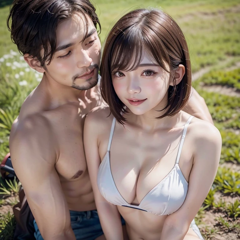 Highest quality、8K、Best image quality、Clear photos、Professional Lighting、Natural light、pretty girl、Big Breasts、Very short bob hair、Brown Hair、Wearing a white bra、Macho handsome man、Couple in love、Man lying on the grass in the park、Women on top of men、Couple of men and women embracing each other、Cowgirl、Detailed Background、