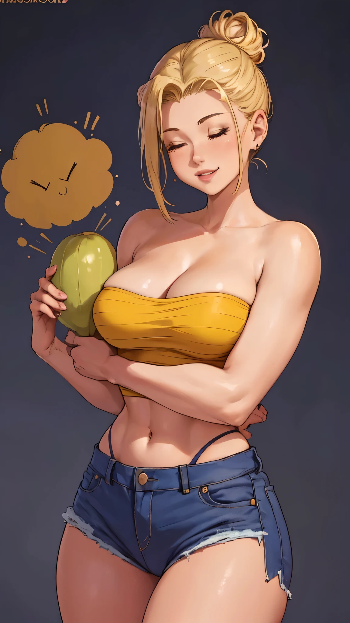 (((1girl))), gorgeous milf, 40 years-old, lovely smile, thick lips, ((closed eyes)), ((high hair bun, blonde)), perfect body, strapless dark-yellow top, ((sleveeless)), deep cleavage, jeans, masterpiece, best quality, ((plain background)), 4K, medium-body picture, (front view)