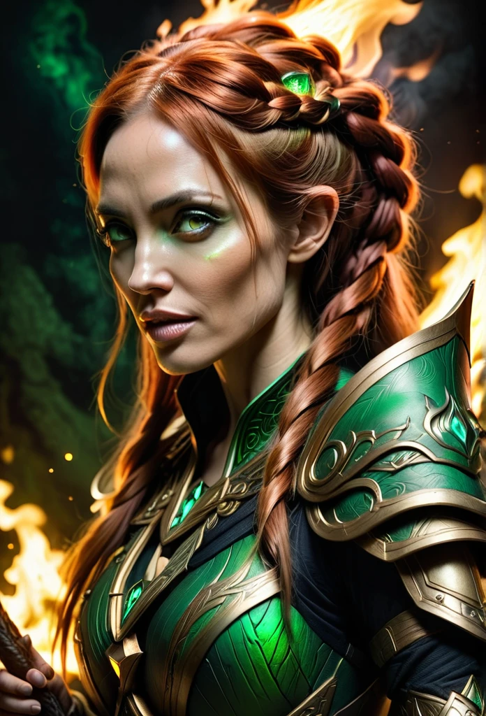 highly detailed photo of a red haired beautiful angelina jolie lookalike elf mage wearing green mage armor with her eyes glowing, long braided hair, lighting magic, inside fire, art concept, fantasy, portrait