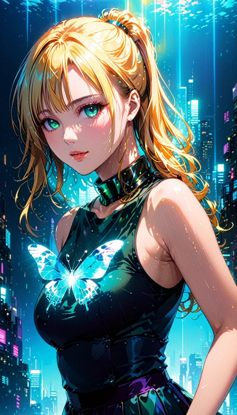 (masterpiece,Highest quality,Ultra-high resolution),Japanese women, (((Very beautiful 25 year old girl))), pretty girl、Look at the photographer､ ((Sleeveless collar shirt)), Very cute face, Glossy Lips, Double eyelids on both eyes,Natural smile、 Natural Makeup, Long eyelashes, Shiny and smooth hair､Center image, Perfect limbs, Perfect ???????,(((Tight Skirt)))、(((Looking Back)),Wet with sweat,Blonde Hair、Beautiful ponytail、Large Breasts、 (Double exposure:1.4),1. A giant silhouette of a girl and light shining into the darkness,Thrilling footage released,Cyberpunk Vaporwave,Holographic Projection,(Pause，Dynamic Action:1.8),Fractal Art,Lighting Butterfly、konjiki no yami
