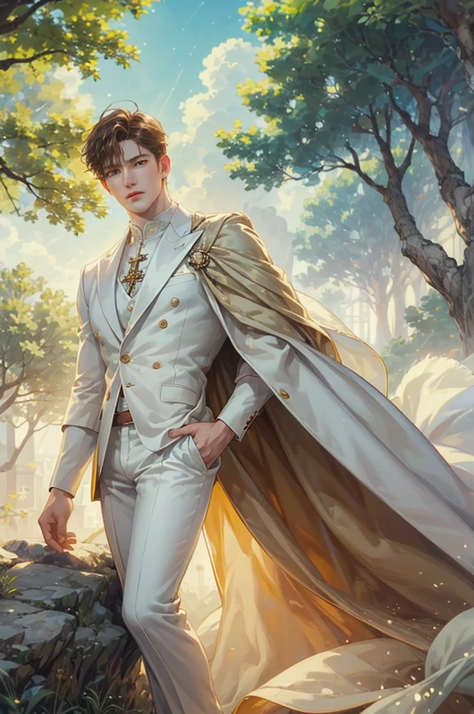 ((Best quality)), ((masterpiece)), (detailed), ((perfect face)), ((halfbody)) handsome face, male, teen boy,  perfect proportions , a character from manhwa webtoon orange marmalade, brown light short hair, light brown eyes, male version, white prince clothes, white suit, chic white castle, detailed background, detailed scenery background 