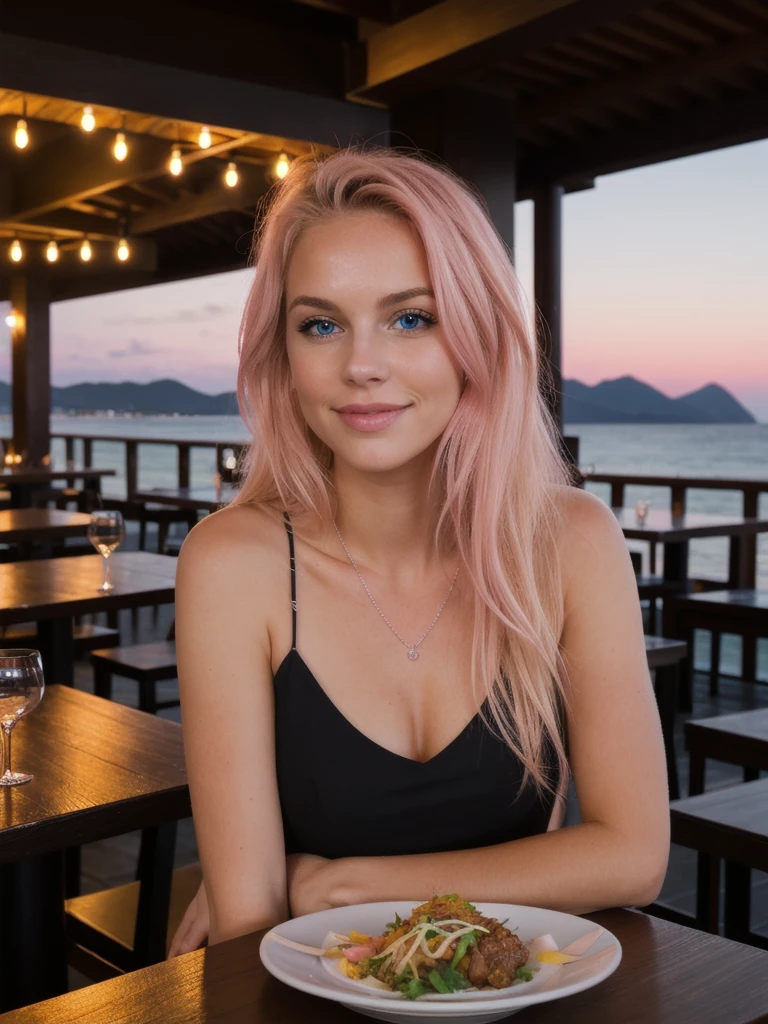 super cute pink blonde woman in dark theme, restaurant, hotel, beach, evening, mountain