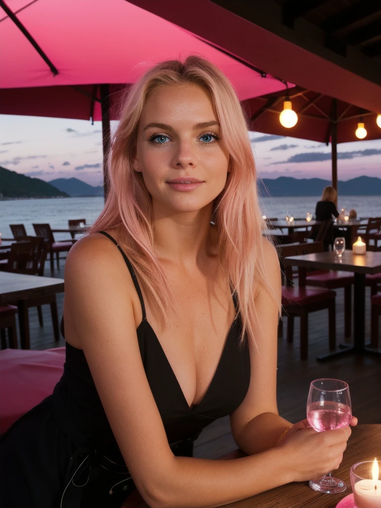 super cute pink blonde woman in dark theme, restaurant, hotel, beach, evening, mountain