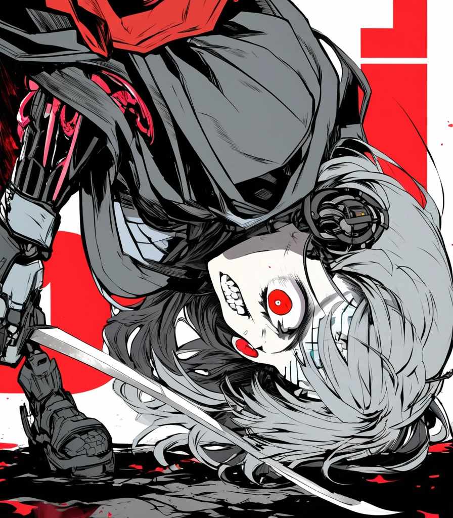 extremely detailed 8K CG, ultra-detailed:1.3, ultra delicate and detailed face:1.3, (absurdres, texture, masterpiece), pixiv contest winner, by Posuka Demizu, from side, full body:1.3, dynamic manga-style illustration of the cyborg samurai girl is full of tension, BREAK Her body and face are facing directly to the left. with sharp eyes and gritted teeth, BREAK she holds her sword and faces to the left. The world is dark and full of passion, the color scheme is blood red and gray, she's bending forward and glaring, her kimono torn in places, exposing her mechanical body.