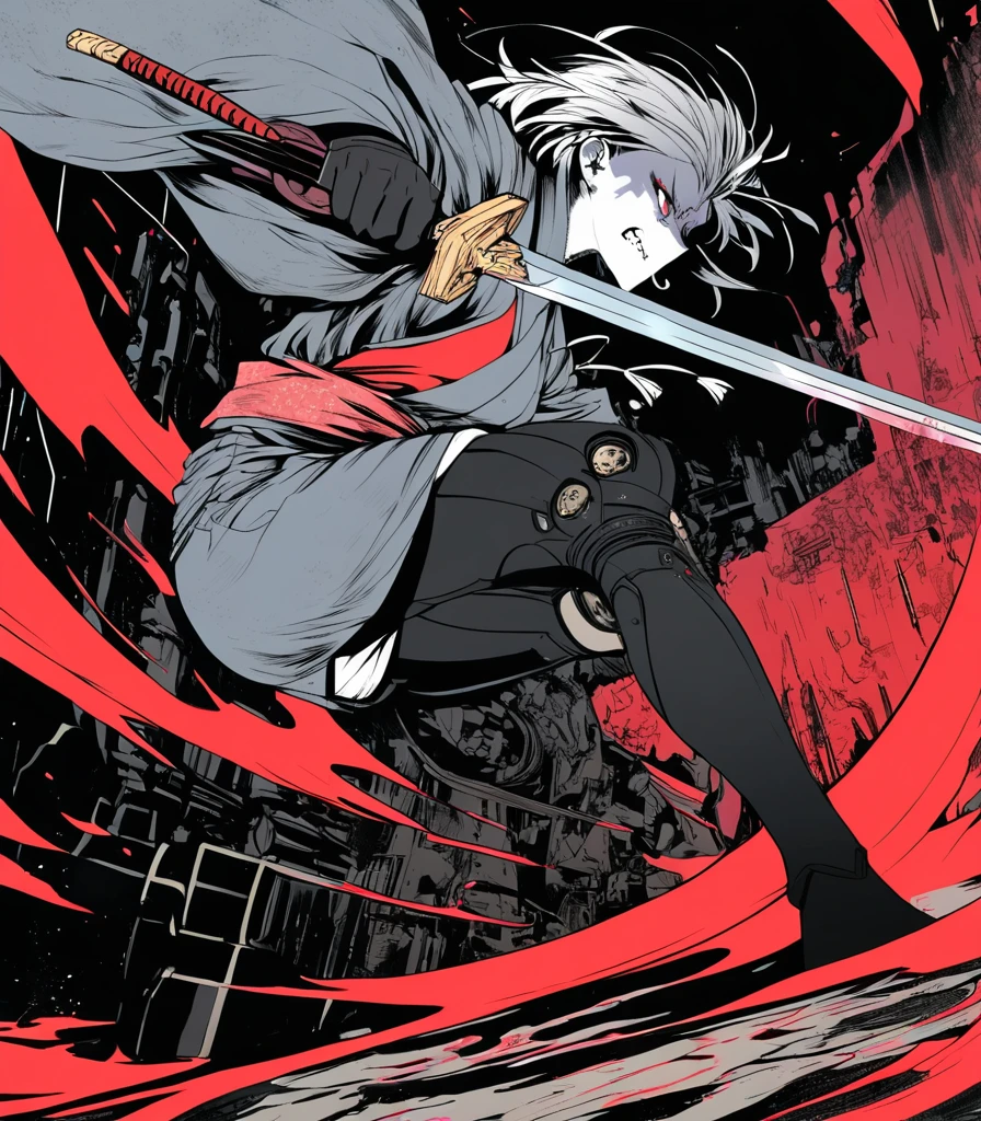 extremely detailed 8K CG, ultra-detailed:1.3, ultra delicate and detailed face:1.3, (absurdres, texture, masterpiece), pixiv contest winner, by Posuka Demizu, from side, full body:1.3, dynamic manga-style illustration of the cyborg samurai girl is full of tension, BREAK Her body and face are facing directly to the left. with sharp eyes and gritted teeth, BREAK she holds her sword and faces to the left. The world is dark and full of passion, the color scheme is blood red and gray, she's bending forward and glaring, her kimono torn in places, exposing her mechanical body.