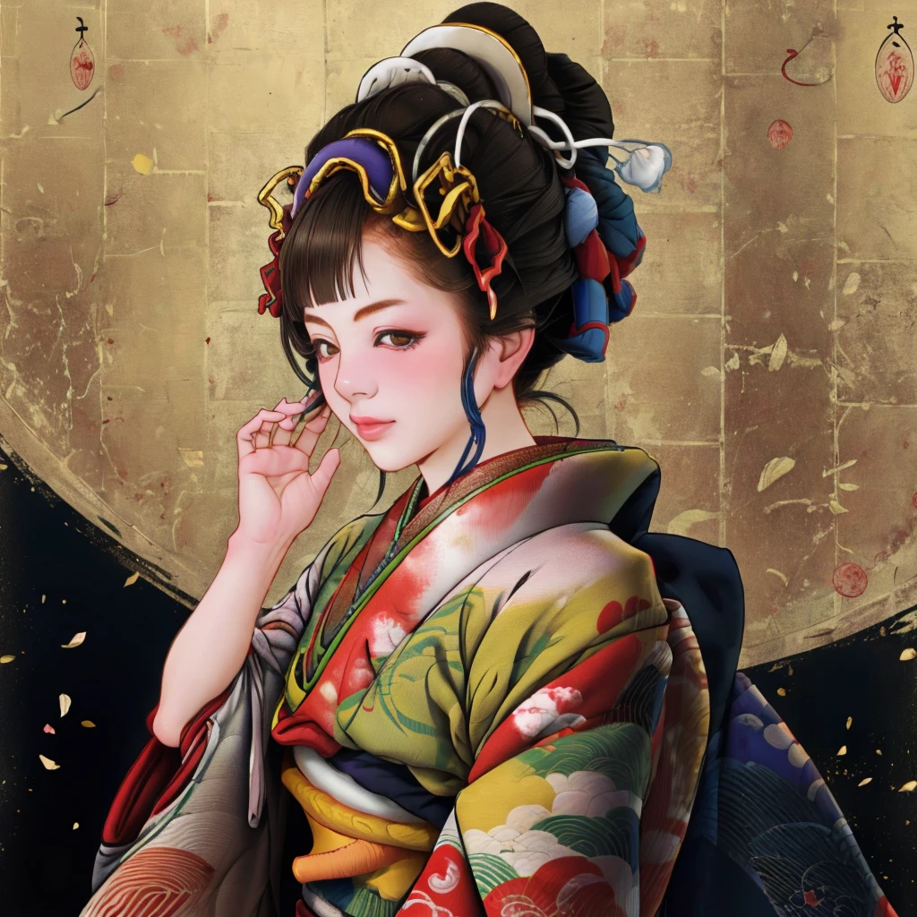 1 Girl, alone, Oiran, Maiko, country, Looking at the audience, short hair, Brown eyes, Brown Hair, Black Hair, hair ornaments, Upper Body, kimono, Blunt bangs, kimono, sash, Compensate, Bob cut hair,