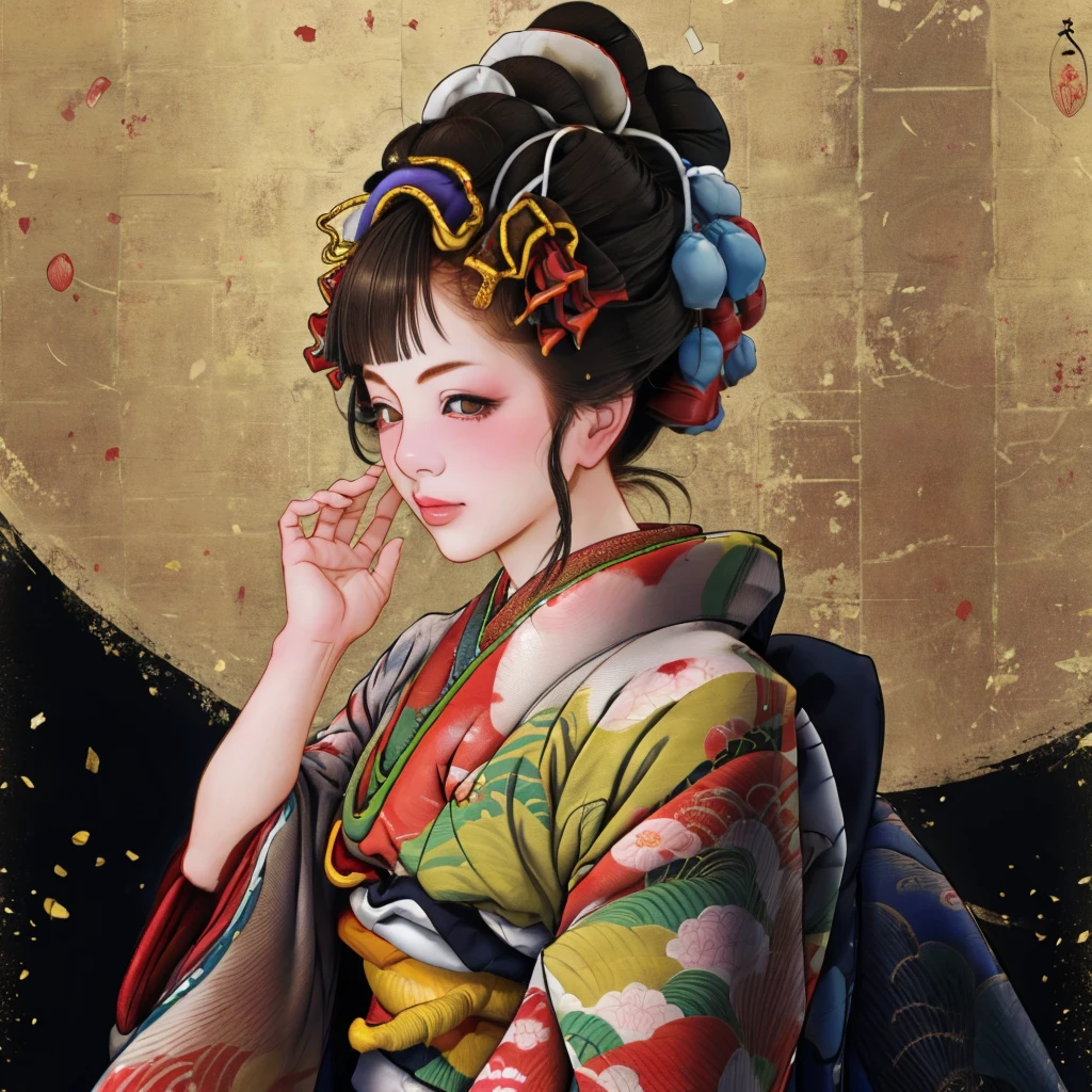 1 Girl, alone, Oiran, Maiko, country, Looking at the audience, short hair, Brown eyes, Brown Hair, Black Hair, hair ornaments, Upper Body, kimono, Blunt bangs, kimono, sash, Compensate, Bob cut hair,