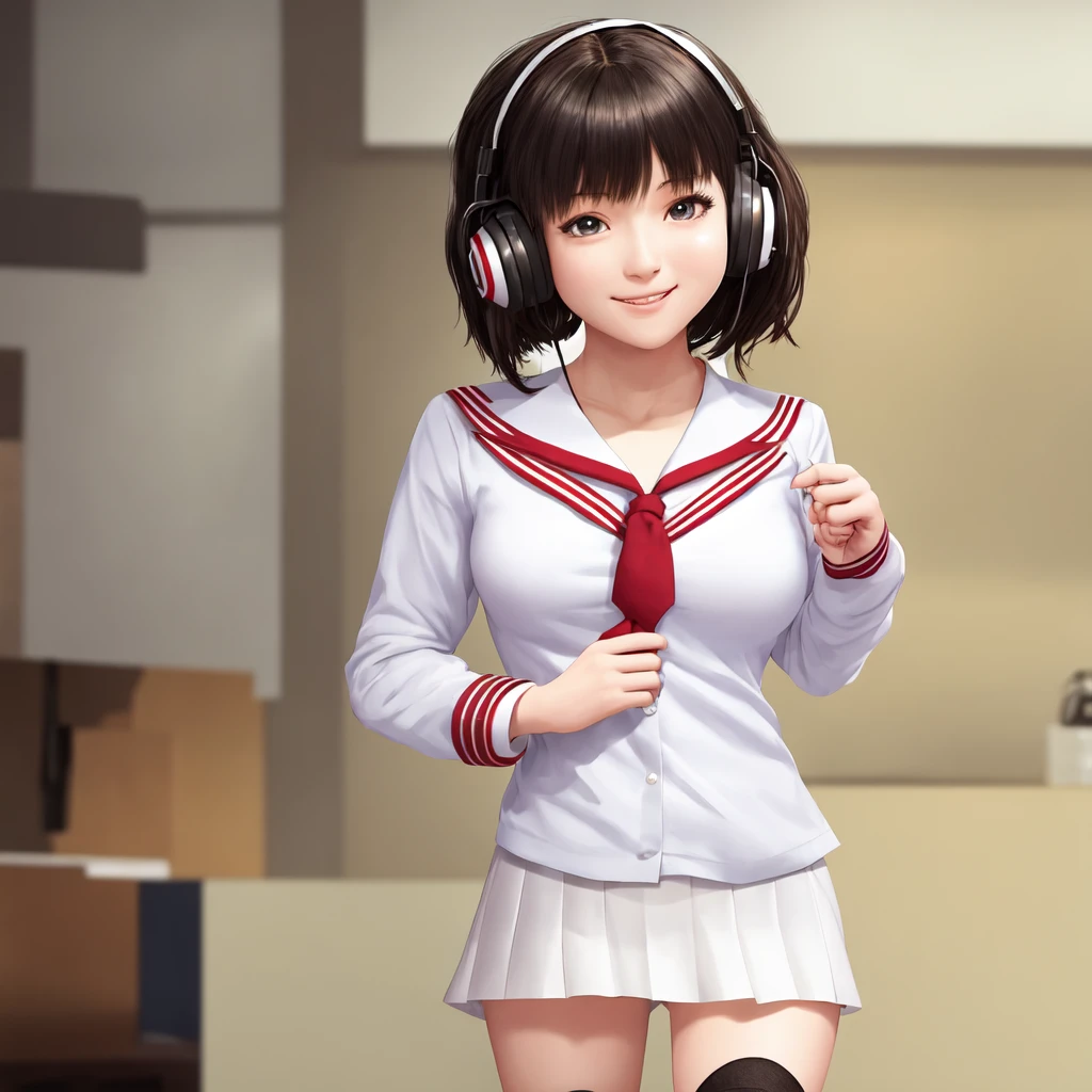 best quality, masterpiece, realistic, photorealistic, 1girl, solo, looking at viewer, smile, standing, full body, arms at side, cosplay, BLACK hair, very short hair, headphones, alternate costume, , sailor collar, shirt, long sleeves, necktie, skirt, pleated skirt, white thighhighs, loafers, simple background, Japanese women、24-years-old、The background is a pure white room、Singing on a microphone、The chest is very small、very Short hair、Part your bangs and sweep them to the side、flat chest