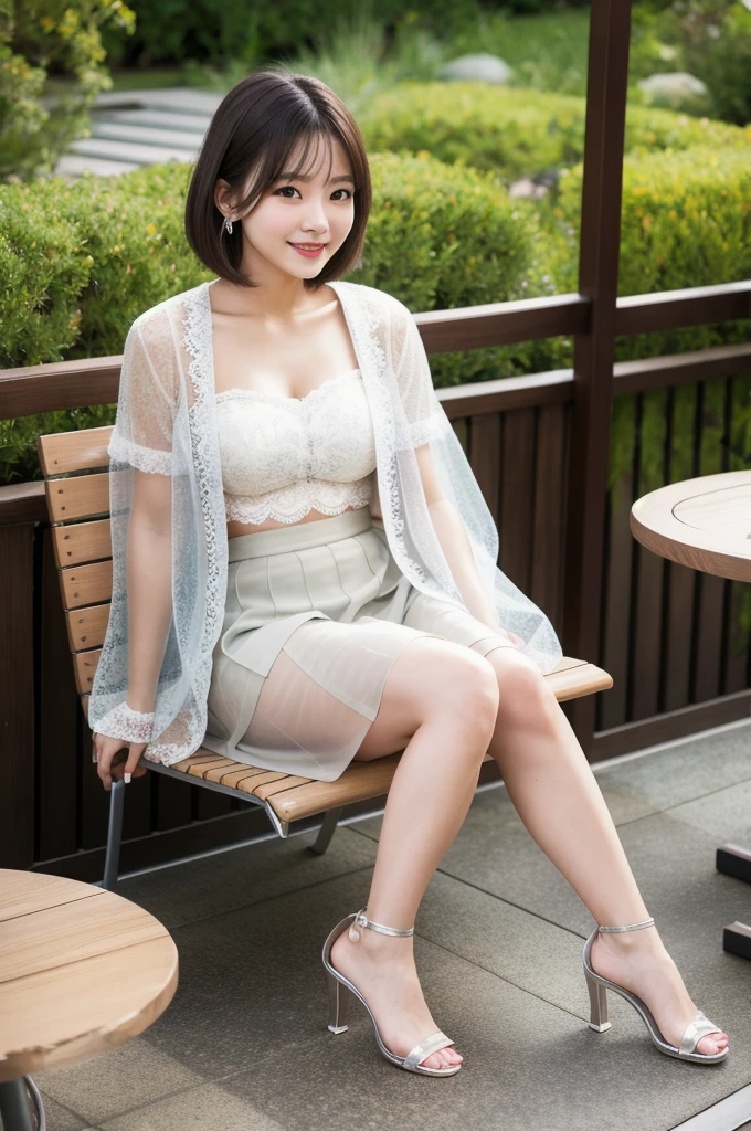 (8K, Realistic, RAW Photos, Highest quality: 1.4, Detailed),Japanese idol-style beautiful girl,1 person,18-year-old,(Short Bob),(Silver Hair),She has her hair tucked behind her ears,Large, clear grey eyes,Long eyelashes,(piercings(small)),(Lip gloss),lips(Plump,glossy),(Lace tube top),(A short, see-through jacket),(Sheer layered flared skirt),Long legs,Barefoot and high heels,Cafe terrace with a view of the Japanese garden,Sitting on a chair with legs crossed,Smiling at the camera,Front view,Full body portrait