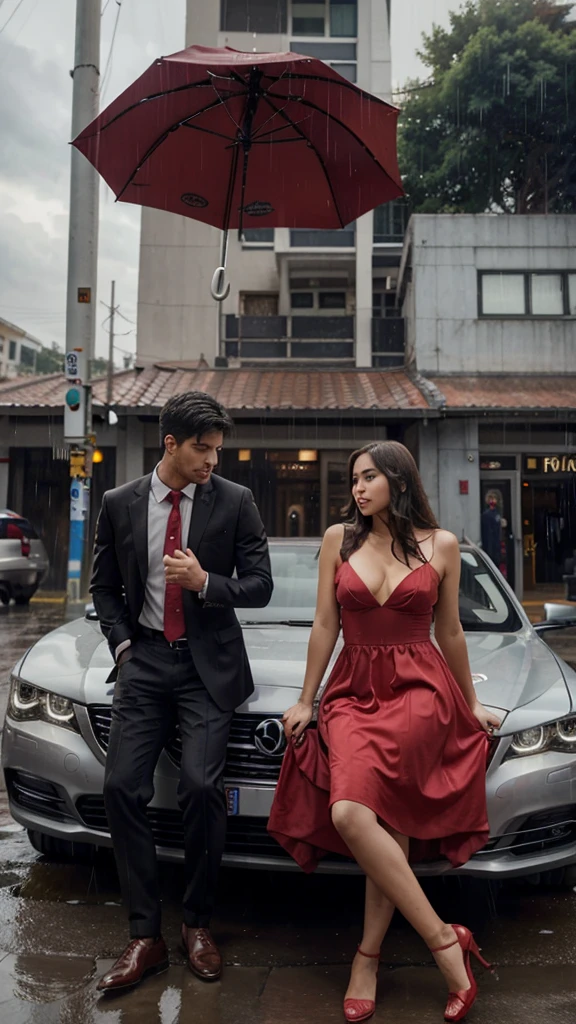 9.16 picture size, almost the place is full of building then it's raining 
There is the beautiful girl leaning in her car wearing a red dress at the left while on the right is a handsome man holding an umbrella 