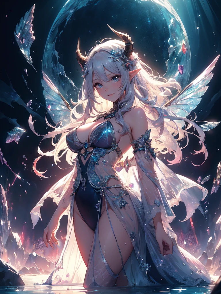 最高quality、1 woman elf、Succubus、、beautiful瞳、beautiful装飾のdress、Devil decoration on head、Ice Sword、最高quality , fractal art.Ice Throne、Ice Palace、　((smile、))((see-through  dress　))SMqueen、Orgasm、Ecstasy、Bigger on the front、 beautiful輝き,High-definition depiction, Realistic, 8K, Unity, beautiful太もも,,Giant Devil's Wings、虹colorに輝く翼、、 light smile, Beautifully and vividly drawn, , beautiful beautiful透き通る肌、輝くbeautiful装飾の魔法、Giant horns、  demon king、、beautiful装飾の角、 , beautiful、 Romanticism,mosquito。 混沌の最もbeautiful形, Mr..々color, Intertwined flowers, P article,Magical gentle light,smile,,image quality、masterpiece、beautiful顔、Super beautiful elf woman((Big breasted 22 year old office lady、Bust 110,Beautiful long ironed hair、Silver Hair、height: 165cm。、Esbian、、高quality、、Visual Arts、最high quality、1 woman elf NP: Worst quality ,beautiful fractal art　Marble pillar、、、light、Beautiful radiance,High-definition depiction, Realistic, 8K, Unity, , light smile, Beautifully and vividly drawn, , Beautiful, beautiful, clear skin、 ((see-through swim suit,))Countless rays of light pouring down, Swirling Light, big background, , Intense light is emitted from the magic circle in front of the girl. Romanticism,Cowboy Shot:  quality