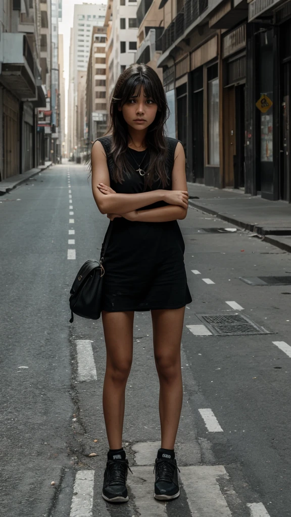 There is a girl in a deserted city, she is scared and sad.