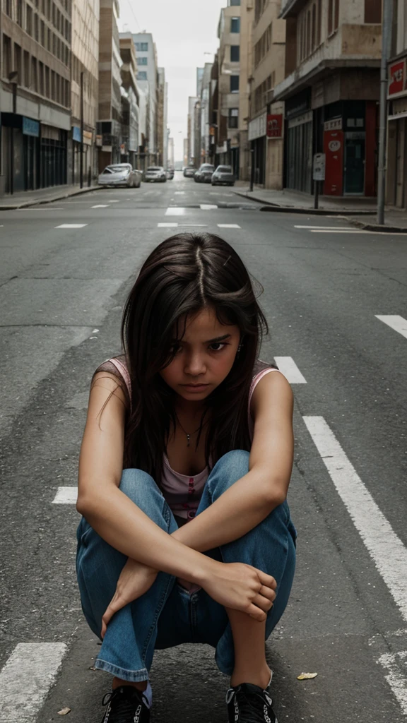 There is a girl in a deserted city, she is scared and sad.