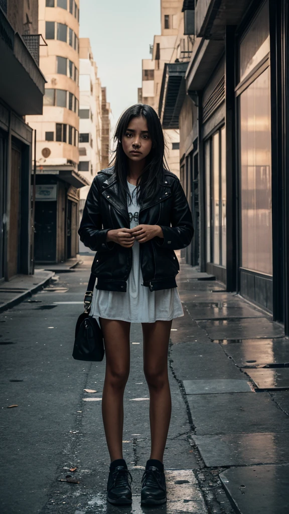 There is a girl in a deserted city, she is scared and sad.