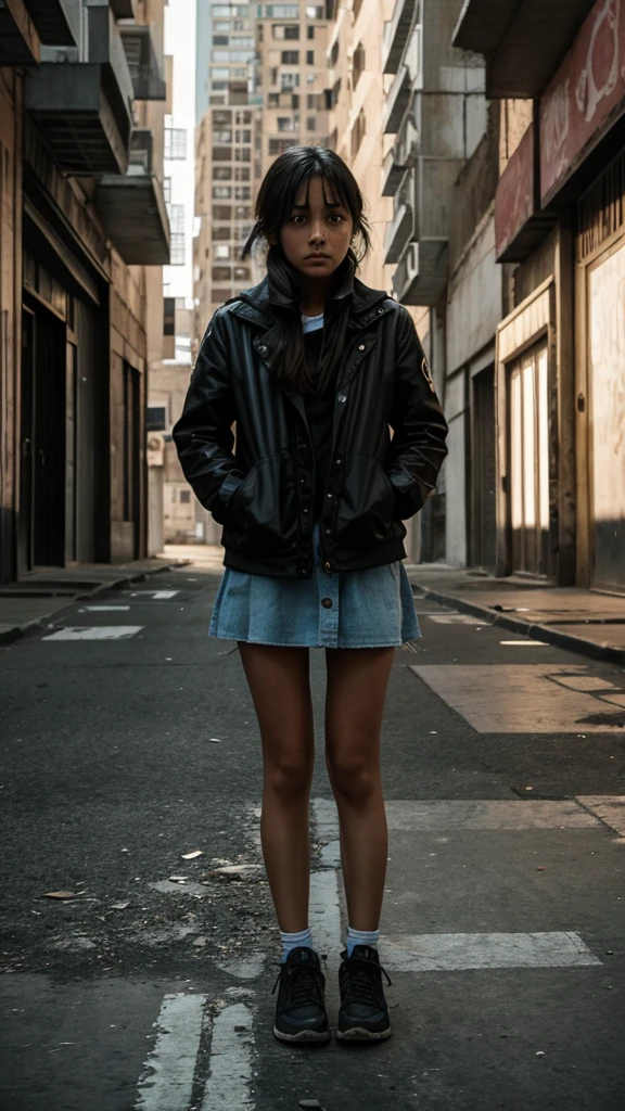 There is a girl in a deserted city, she is scared and sad.