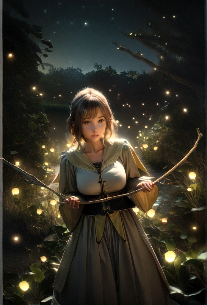 (8K, Highest quality, masterpiece: 1.2), (Real Stick, Photorealistic: 1.37), Super detailed, girl, Wide viewing angles, Jardin Firefly, Lots of little dim lights and fireflies flying around, night