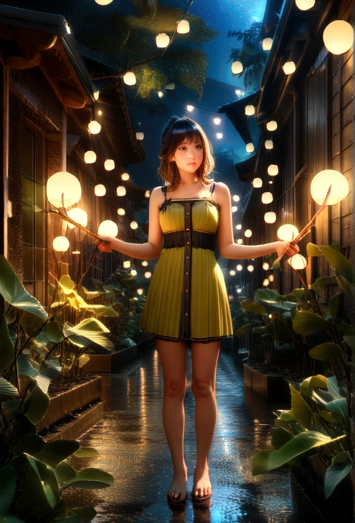(8K, Highest quality, masterpiece: 1.2), (Real Stick, Photorealistic: 1.37), Super detailed, girl, Wide viewing angles, Jardin Firefly, Lots of little dim lights and fireflies flying around, night