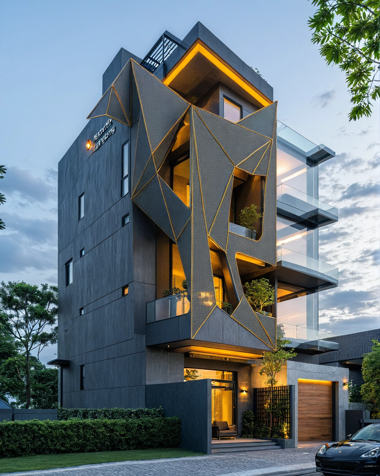 Masterpiece, high quality, best quality, authentic, super detailed, outdoor, 4-storey townhouse, aiaigroup, modern house style on the street, stairs, gray wall, facade perforated aluminum panels bronze color, led light, road, sidewalk, grass, trees, sky, clouds, (daylight: 1.1)